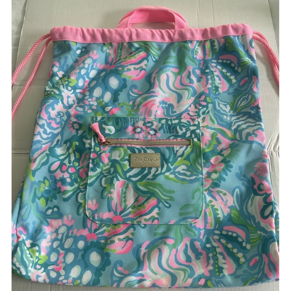 Lilly Pulitzer Aqua La Vista Blue Ibiza Drawstring Backpack / Tote Bag P33